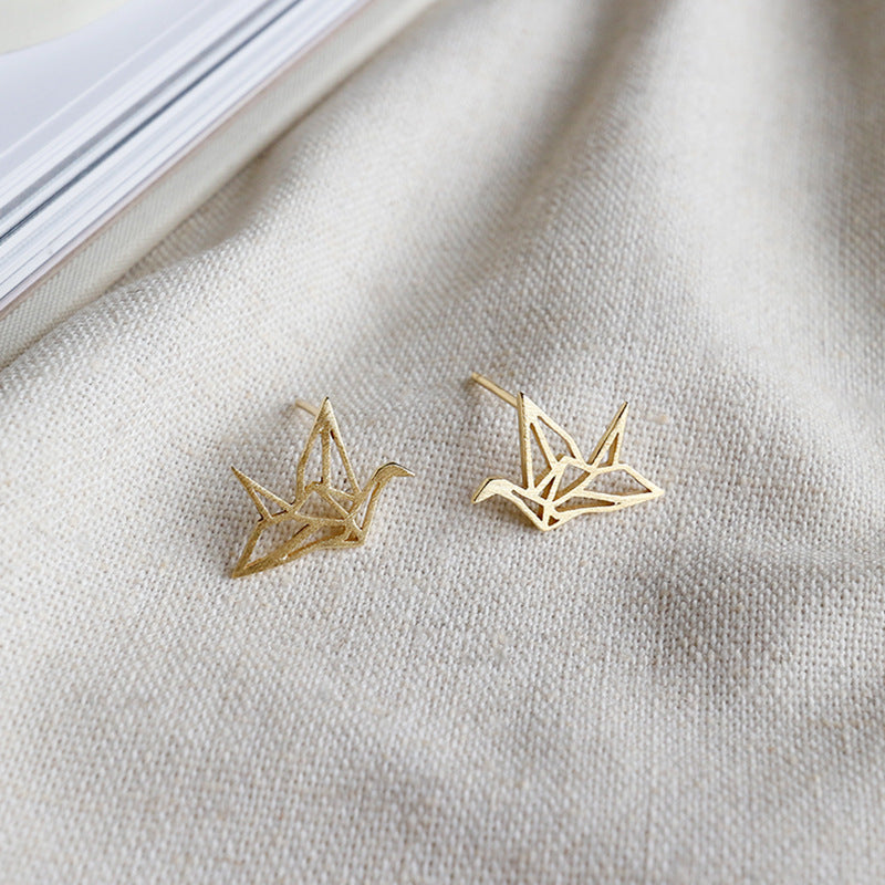 Lovcia Gold Plated Hollow Paper Crane Stud Earrings 11.5mm-Earrings-Yellow Gold-Yellow Gold