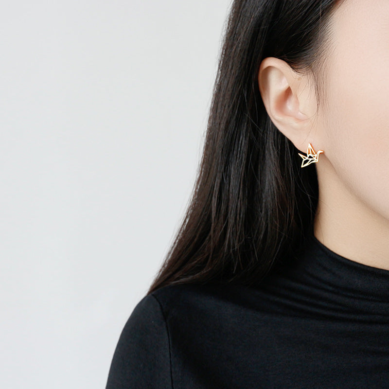 Lovcia Gold Plated Hollow Paper Crane Stud Earrings 11.5mm-Earrings-Yellow Gold-Yellow Gold