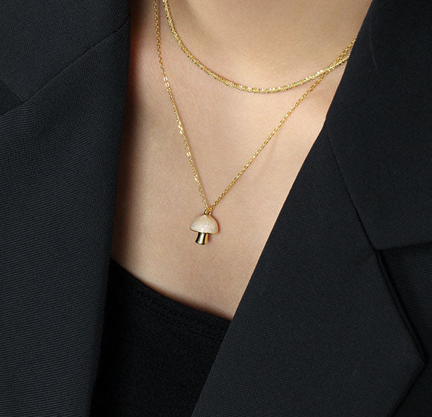 Lovcia Gold Plated Mushroom Pendant Necklace 410mm Chain-Necklaces-Yellow Gold & White Mushroom-Yellow Gold & White Mushroom