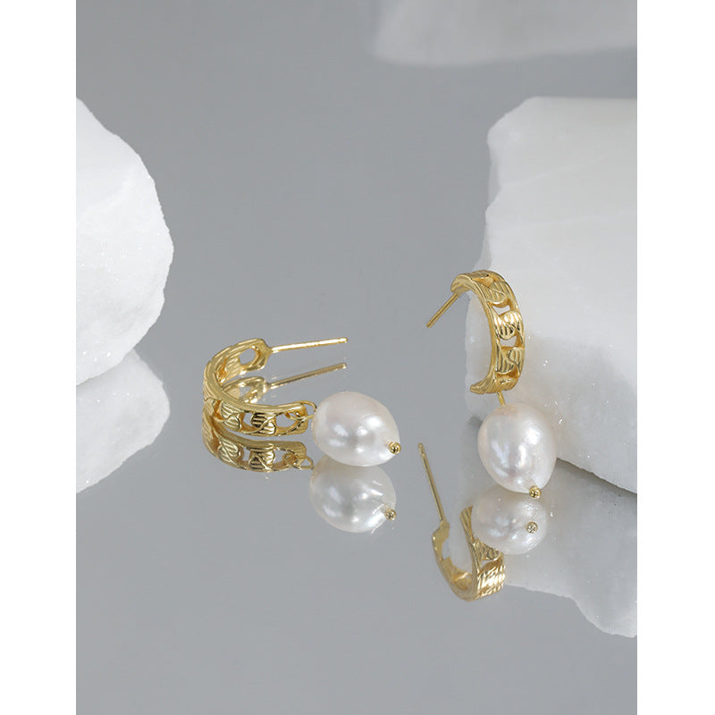 Lovcia Gold Plated Natural Pearl Hoop Earrings 9x11mm-Earrings-Yellow Gold-Yellow Gold