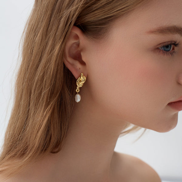 Lovcia Gold Plated Pearl Knot Drop Earrings 925 Silver-Earrings-Yellow Gold-Yellow Gold