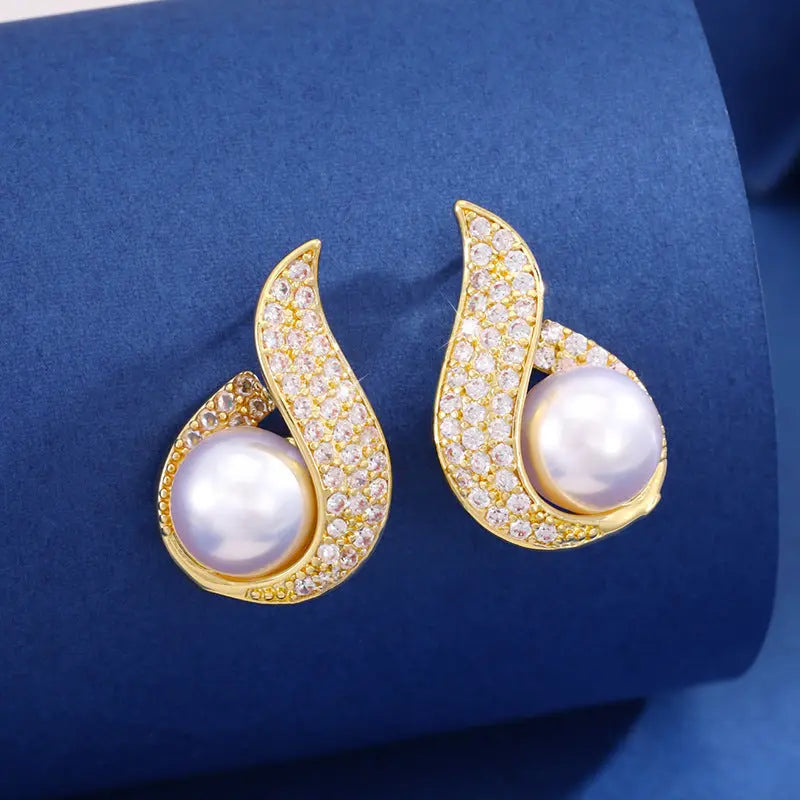 Lovcia Gold-Plated Pearl Pave Swirl Stud Earrings for Women-Earrings-Gold-Gold