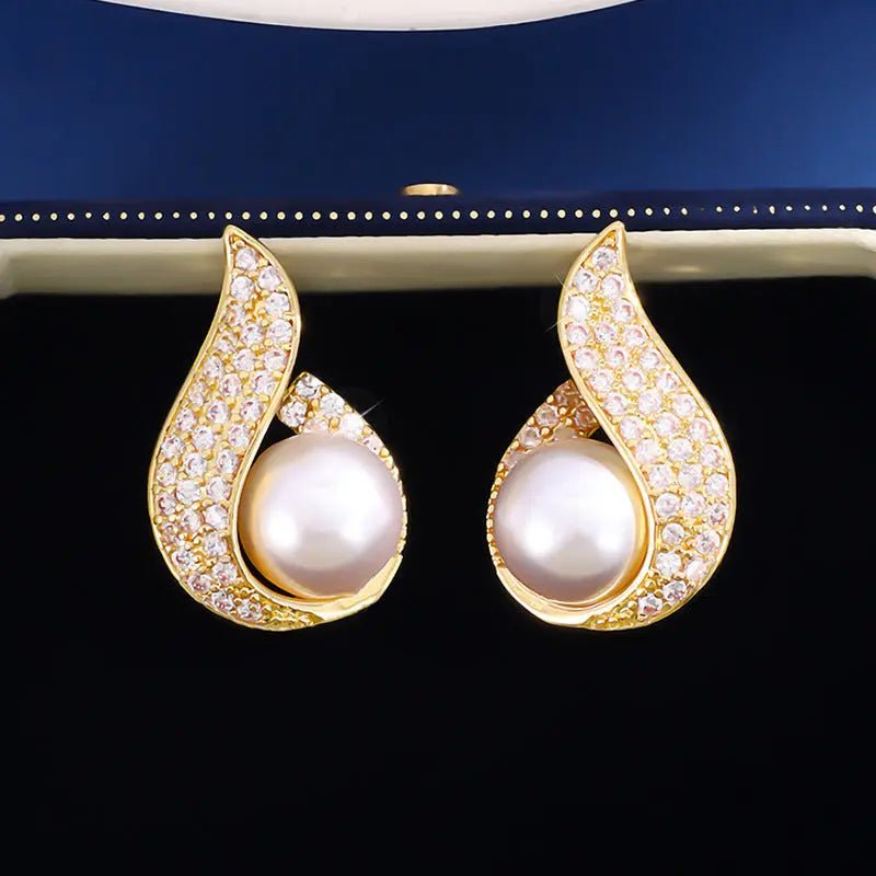 Lovcia Gold-Plated Pearl Pave Swirl Stud Earrings for Women-Earrings-Gold-Gold