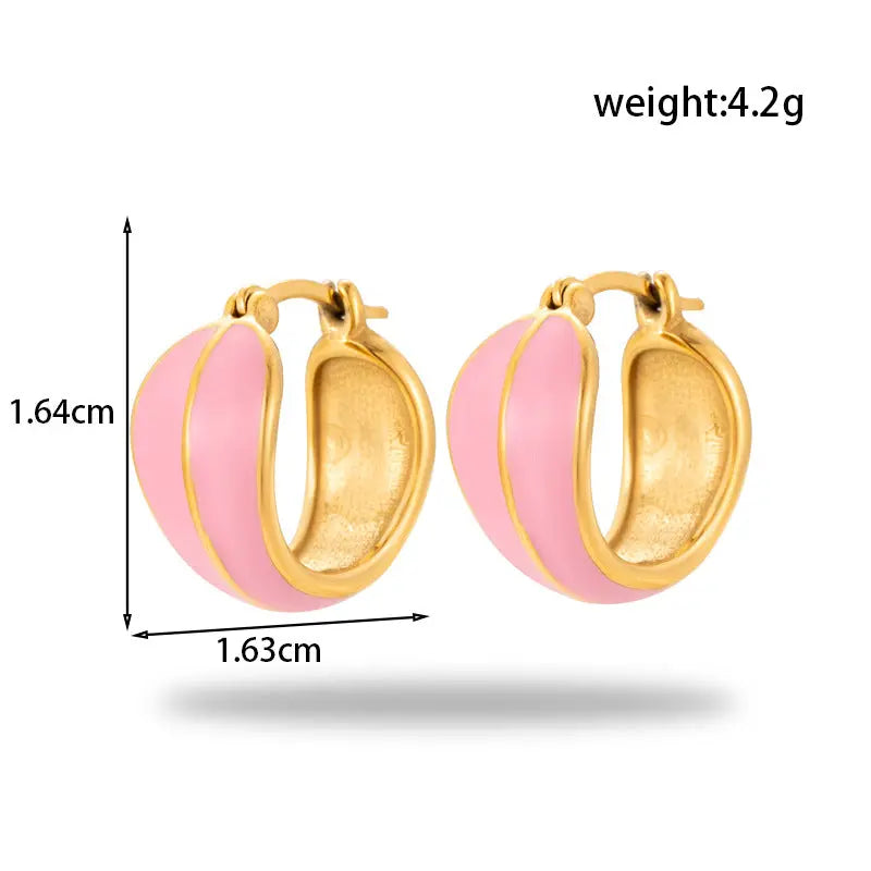 Lovcia Gold Plated Pink Enamel Earrings for Women - Curved Barrel Hoops, Heart Chain Earrings, & Marbled Studs-Earrings-Curved Barrel Hoop-Curved Barrel Hoop