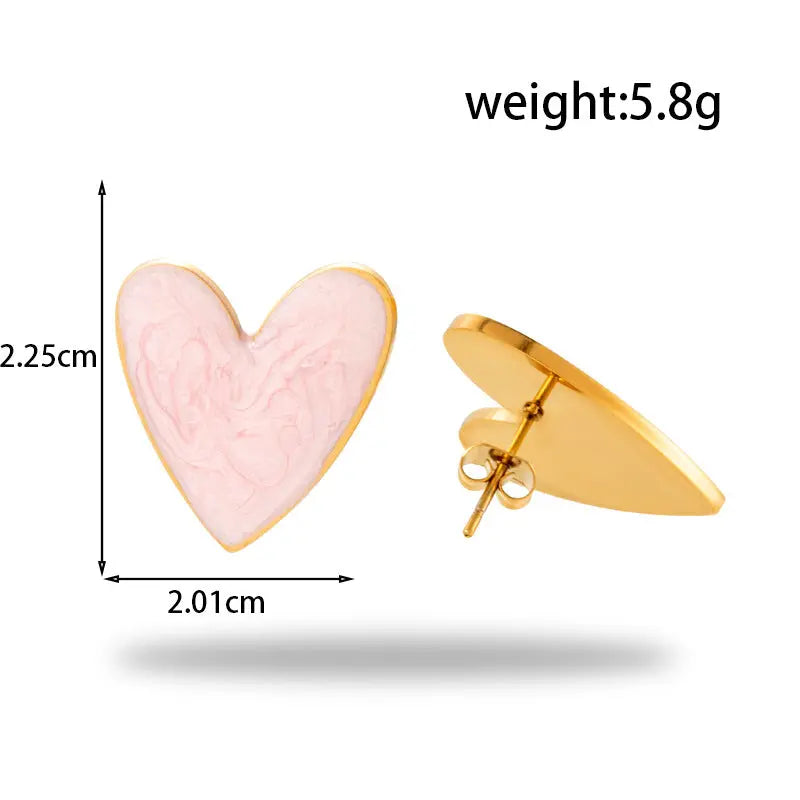 Lovcia Gold Plated Pink Enamel Earrings for Women - Curved Barrel Hoops, Heart Chain Earrings, & Marbled Studs-Earrings-Pink Marbled Heart Stud Earrings-Pink Marbled Heart Stud Earrings
