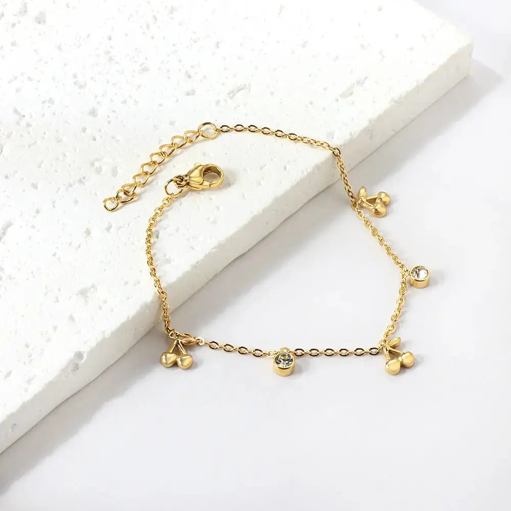 Lovcia Gold Plated Stainless Steel Cherry Charm Bracelet with Sparkling Crystal for Women-Bracelets-Silver-Silver