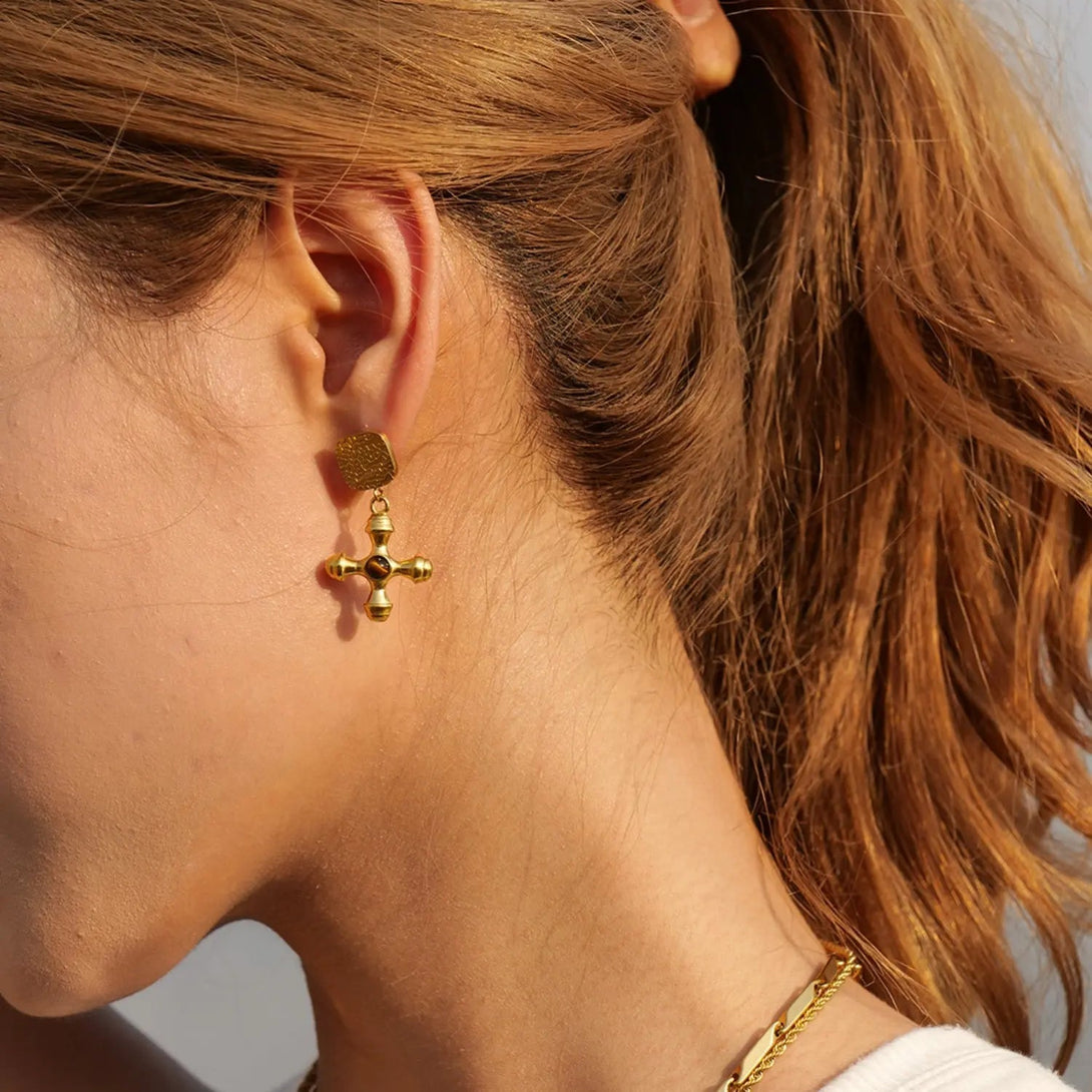 Lovcia Gold-Plated Stainless Steel Cross Shape Earrings-Earrings-Style A-One Size-Style A