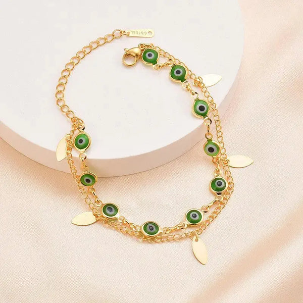 Lovcia Gold-Plated Stainless Steel Evil Eye Charm Bracelet for Women - Double Layered Chain-Bracelets-Gold-Gold