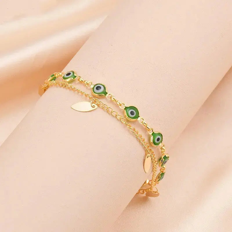 Lovcia Gold-Plated Stainless Steel Evil Eye Charm Bracelet for Women - Double Layered Chain-Bracelets-Gold-Gold