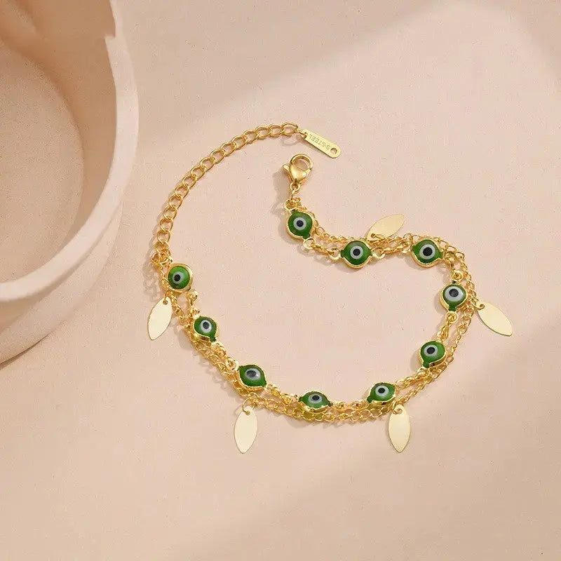 Lovcia Gold-Plated Stainless Steel Evil Eye Charm Bracelet for Women - Double Layered Chain-Bracelets-Gold-Gold