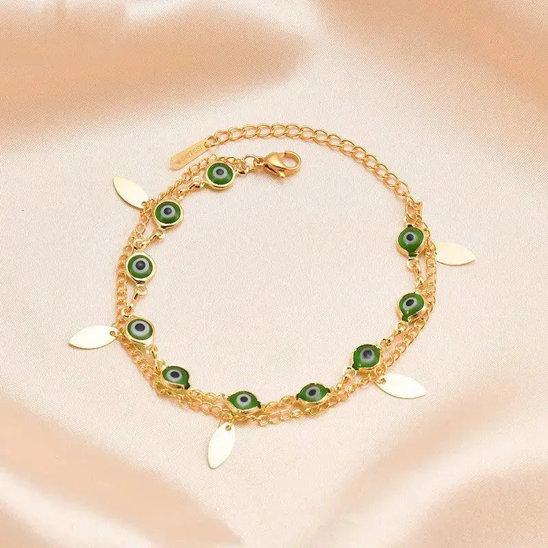 Lovcia Gold-Plated Stainless Steel Evil Eye Charm Bracelet for Women - Double Layered Chain-Bracelets-Gold-Gold