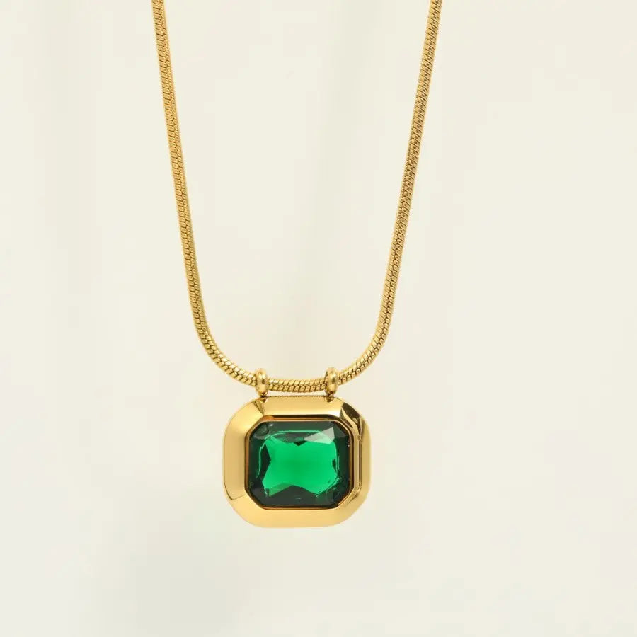 Lovcia Gold Plated Stainless Steel Geometric Pendant Necklace for Women - 18K Gold Electroplated, Adjustable Length, Hypoallergenic, Elegant Design-Necklaces-Emerald-Emerald