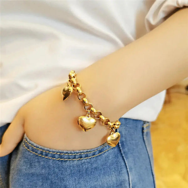 Lovcia Gold-Plated Stainless Steel Heart Charm Durable Bracelet for Women-Bracelets-Gold-Gold
