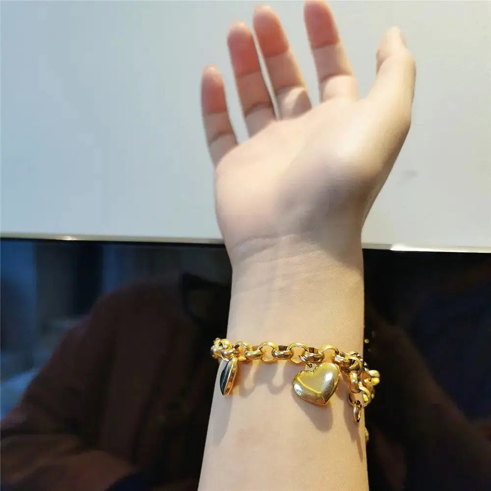 Lovcia Gold-Plated Stainless Steel Heart Charm Durable Bracelet for Women-Bracelets-Gold-Gold