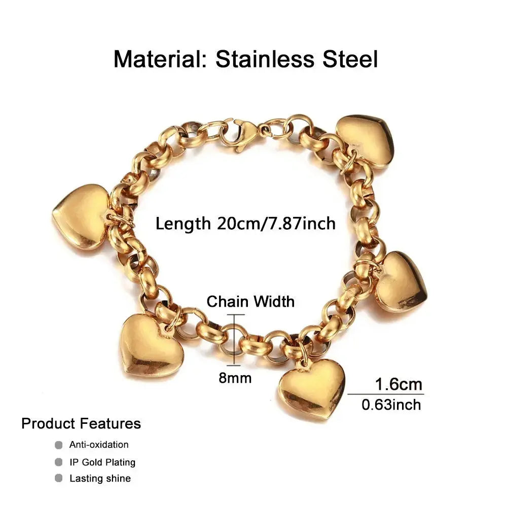Lovcia Gold-Plated Stainless Steel Heart Charm Durable Bracelet for Women-Bracelets-Gold-Gold