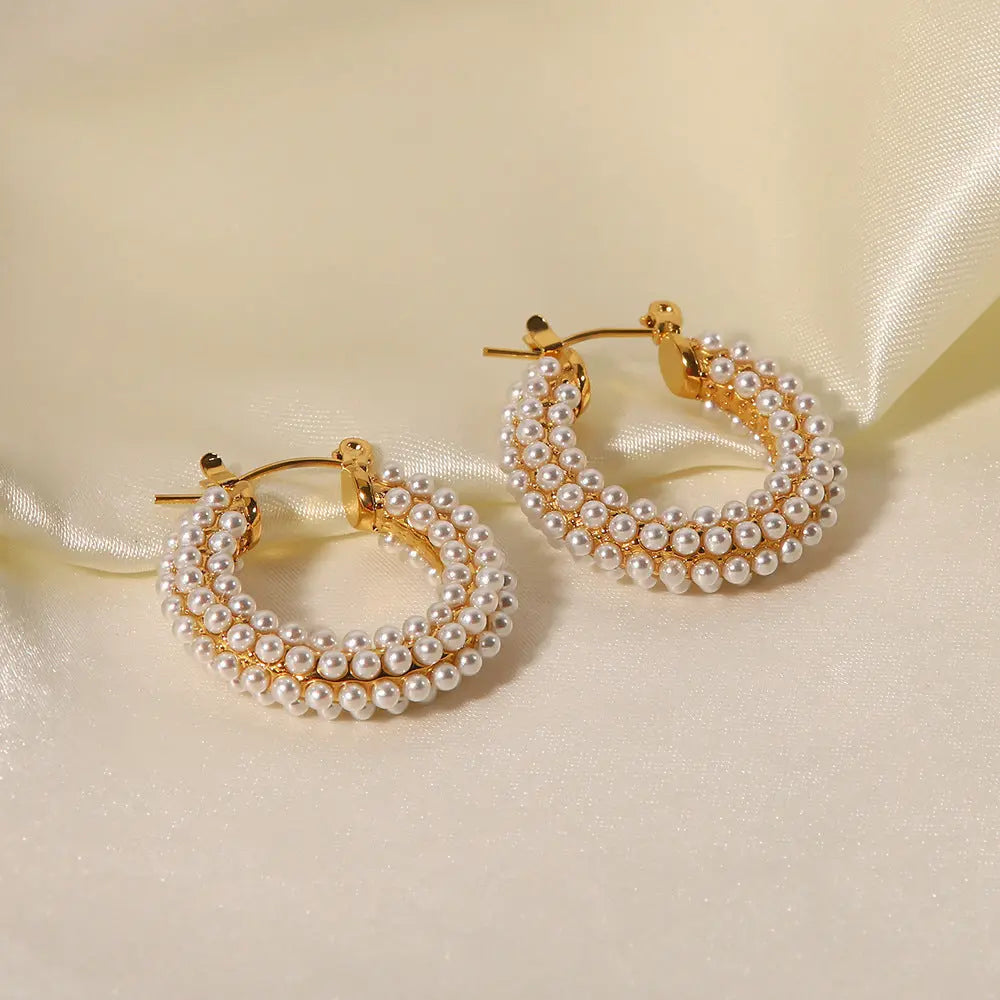 Lovcia Gold Plated Stainless Steel Pearl Inlay Hoop Earrings for Women-Earrings-Gold-Gold