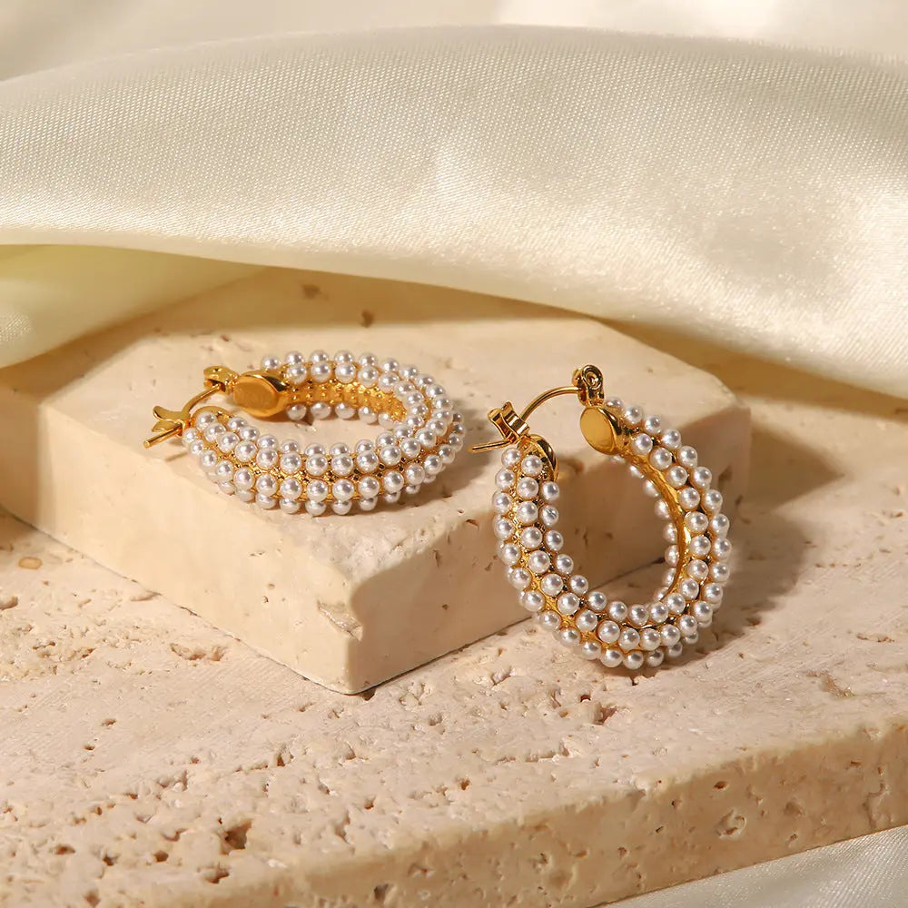 Lovcia Gold Plated Stainless Steel Pearl Inlay Hoop Earrings for Women-Earrings-Gold-Gold