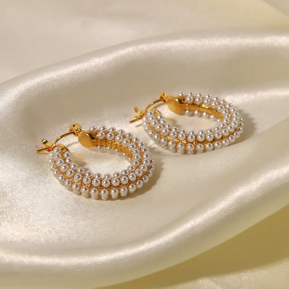 Lovcia Gold Plated Stainless Steel Pearl Inlay Hoop Earrings for Women-Earrings-Gold-Gold