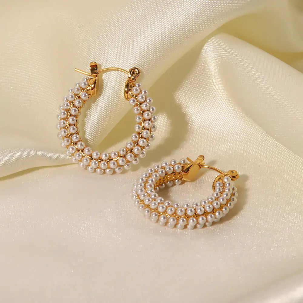 Lovcia Gold Plated Stainless Steel Pearl Inlay Hoop Earrings for Women-Earrings-Gold-Gold