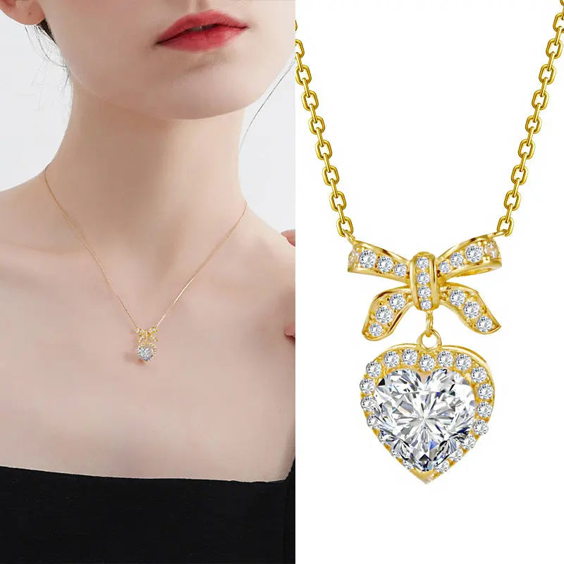 Lovcia Gold Plated Sterling Silver Heart & Bow Pendant Necklace for Women with Sparkling Pink & Clear Gemstones-Necklaces-White Diamond-925 Silver-White Diamond