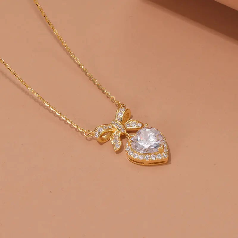 Lovcia Gold Plated Sterling Silver Heart & Bow Pendant Necklace for Women with Sparkling Pink & Clear Gemstones-Necklaces-White Diamond-925 Silver-White Diamond