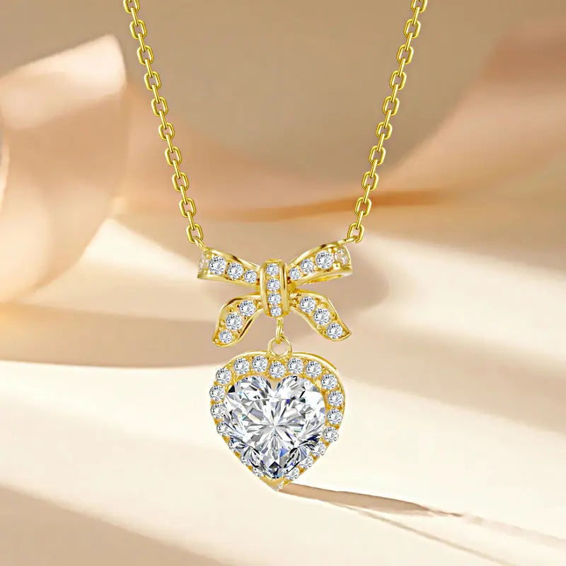 Lovcia Gold Plated Sterling Silver Heart & Bow Pendant Necklace for Women with Sparkling Pink & Clear Gemstones-Necklaces-White Diamond-925 Silver-White Diamond