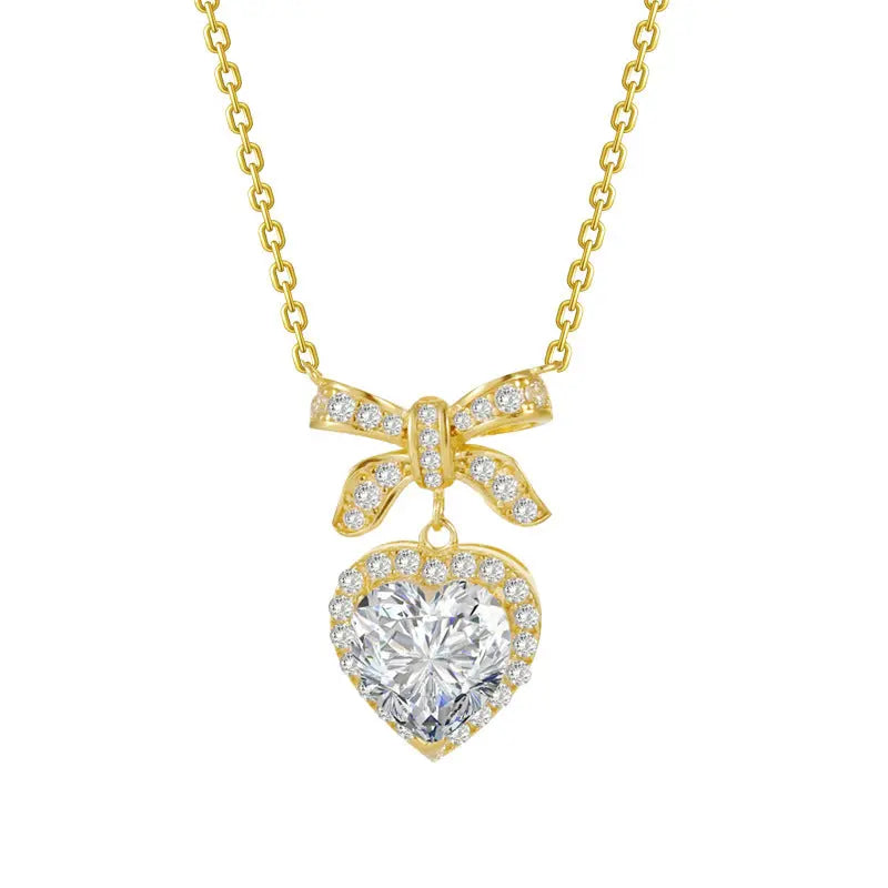 Lovcia Gold Plated Sterling Silver Heart & Bow Pendant Necklace for Women with Sparkling Pink & Clear Gemstones-Necklaces-White Diamond-925 Silver-White Diamond