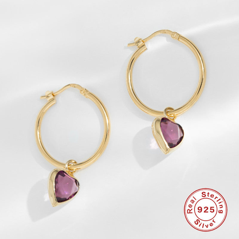 Lovcia Gold-Plated Sterling Silver Heart Gemstone Hoop Earrings with Zircon Inlay for Women-Earrings-Golden Medium Purplish Red-925 Silver-Golden Medium Purplish Red
