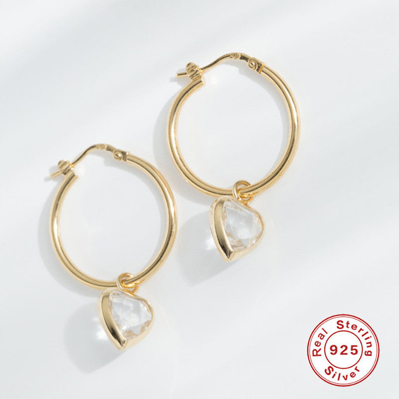 Lovcia Gold-Plated Sterling Silver Heart Gemstone Hoop Earrings with Zircon Inlay for Women-Earrings-Golden White Diamond-925 Silver-Golden White Diamond