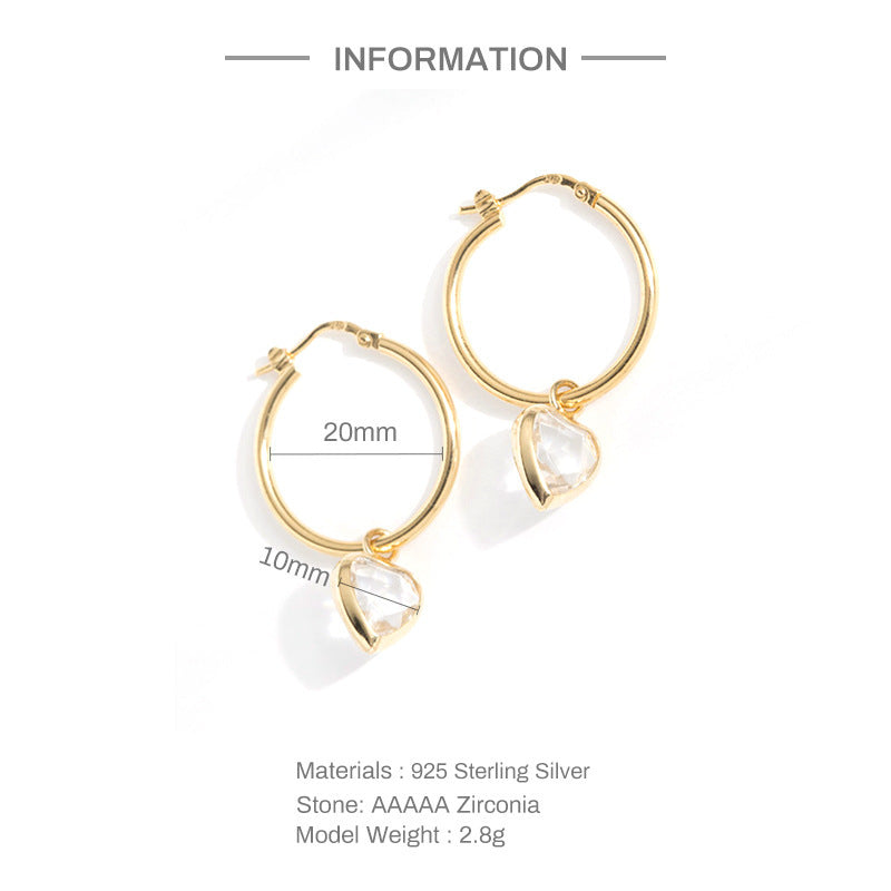 Lovcia Gold-Plated Sterling Silver Heart Gemstone Hoop Earrings with Zircon Inlay for Women-Earrings-Golden Yellow Diamond-925 Silver-Golden Yellow Diamond