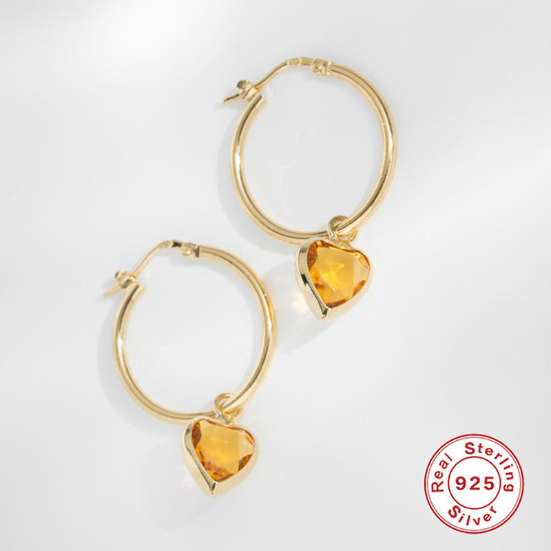 Lovcia Gold-Plated Sterling Silver Heart Gemstone Hoop Earrings with Zircon Inlay for Women-Earrings-Golden Yellow Diamond-925 Silver-Golden Yellow Diamond