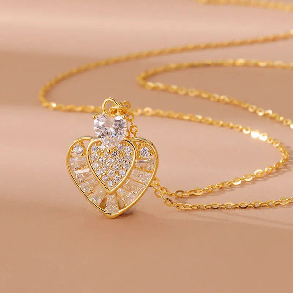 Lovcia Gold Plated Sterling Silver Heart Pendant Necklace for Women With Pavé and Baguette-Cut Crystal Design-Necklaces-Heart Necklace-Heart Necklace