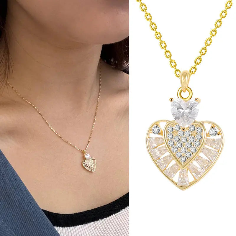 Lovcia Gold Plated Sterling Silver Heart Pendant Necklace for Women With Pavé and Baguette-Cut Crystal Design-Necklaces-Heart Necklace-Heart Necklace