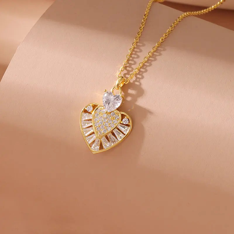Lovcia Gold Plated Sterling Silver Heart Pendant Necklace for Women With Pavé and Baguette-Cut Crystal Design-Necklaces-Heart Necklace-Heart Necklace