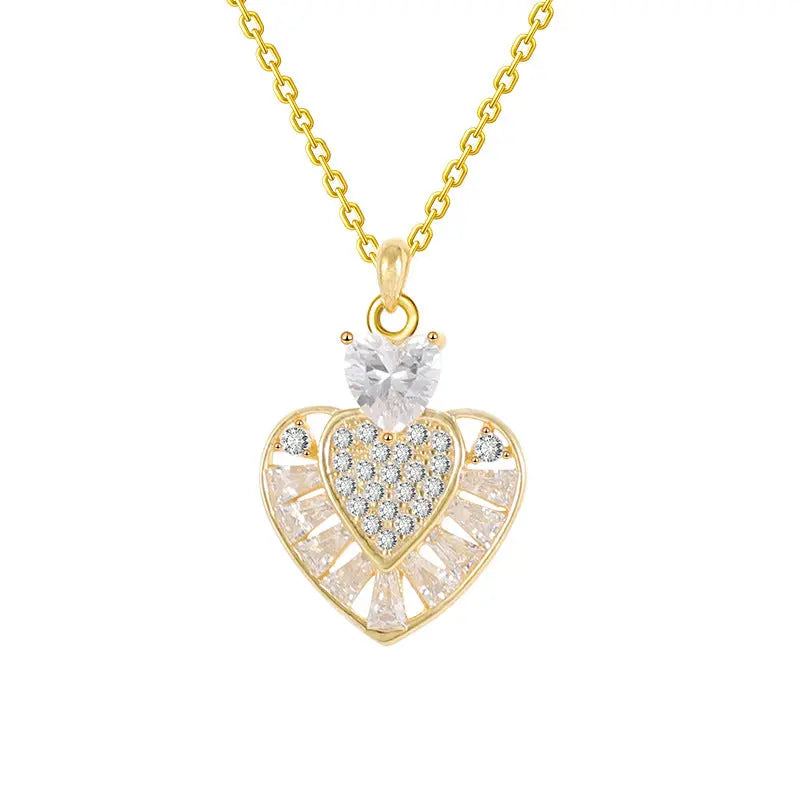 Lovcia Gold Plated Sterling Silver Heart Pendant Necklace for Women With Pavé and Baguette-Cut Crystal Design-Necklaces-Heart Necklace-Heart Necklace