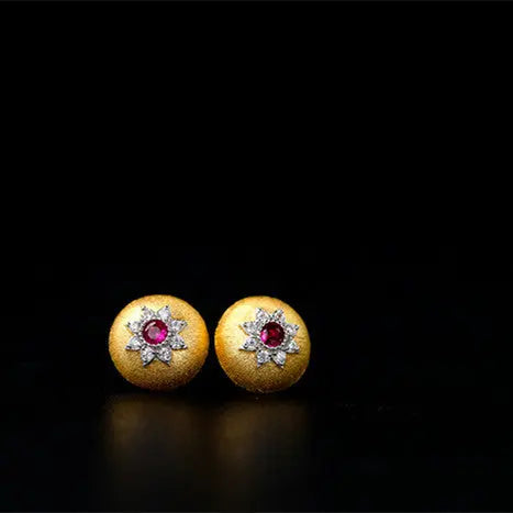 Lovcia Gold-Plated Sterling Silver Stud Earrings for Women with Brushed Finish and Zirconia-Earrings-Gold red zirconia-Gold red zirconia