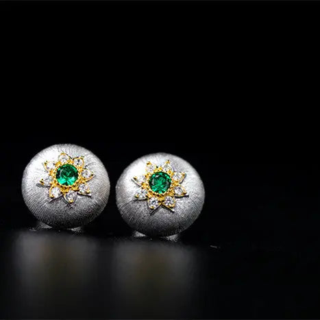 Lovcia Gold-Plated Sterling Silver Stud Earrings for Women with Brushed Finish and Zirconia-Earrings-Silver green zirconia-Silver green zirconia