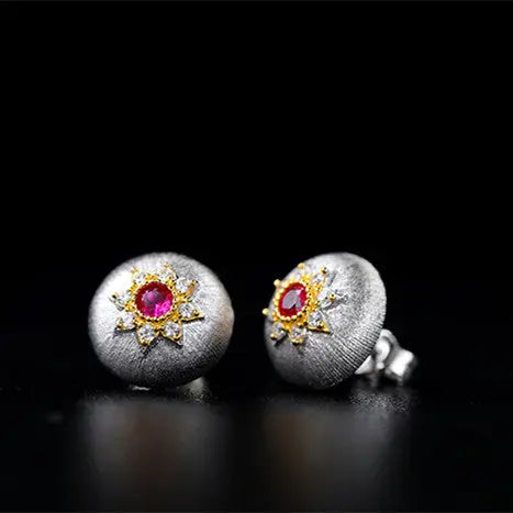 Lovcia Gold-Plated Sterling Silver Stud Earrings for Women with Brushed Finish and Zirconia-Earrings-Silver red zirconia-Silver red zirconia