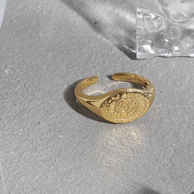 Lovcia Gold Plated Sun Stars Moon Adjustable Ring 925 Silver-Rings-Yellow Gold-Yellow Gold