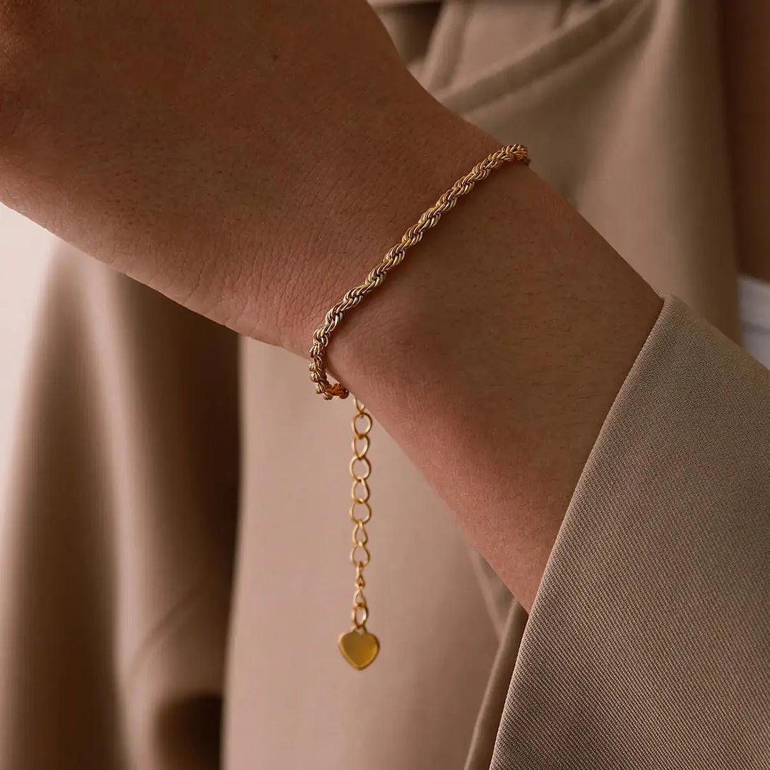 Lovcia Gold-Plated Twisted Rope Chain Bracelet with Heart Charm for Women-Bracelets-Gold-Gold