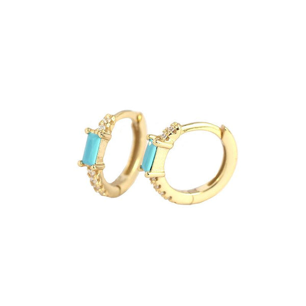 Lovcia Gold Rectangle CZ Huggie Hoop Earrings 11.4mm-Earrings-Turquoise * Yellow Gold-Turquoise * Yellow Gold