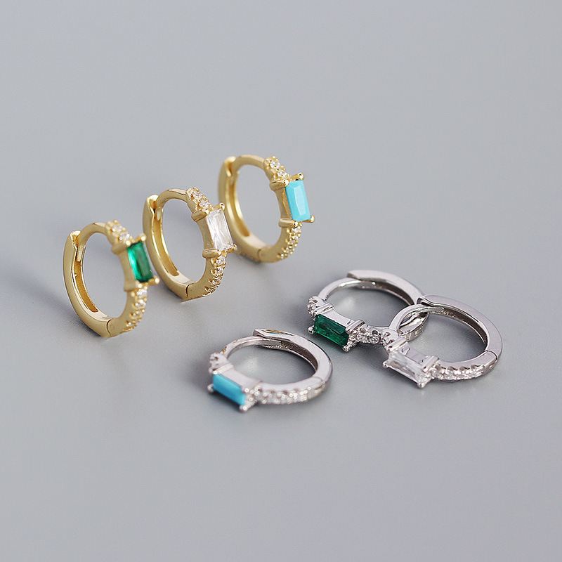 Lovcia Gold Rectangle CZ Huggie Hoop Earrings 11.4mm-Earrings-Turquoise * Yellow Gold-Turquoise * Yellow Gold