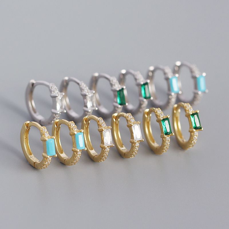 Lovcia Gold Rectangle CZ Huggie Hoop Earrings 11.4mm-Earrings-Turquoise * Yellow Gold-Turquoise * Yellow Gold