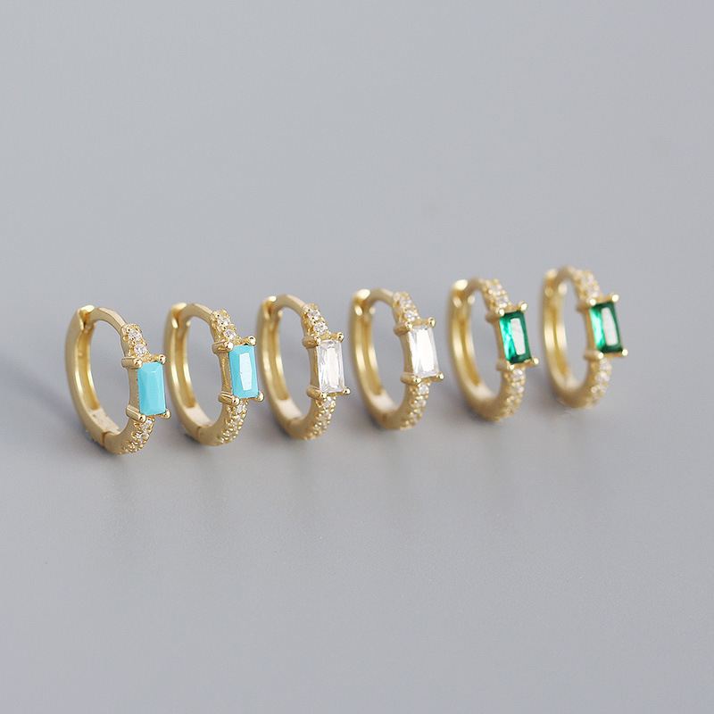 Lovcia Gold Rectangle CZ Huggie Hoop Earrings 11.4mm-Earrings-Turquoise * Yellow Gold-Turquoise * Yellow Gold