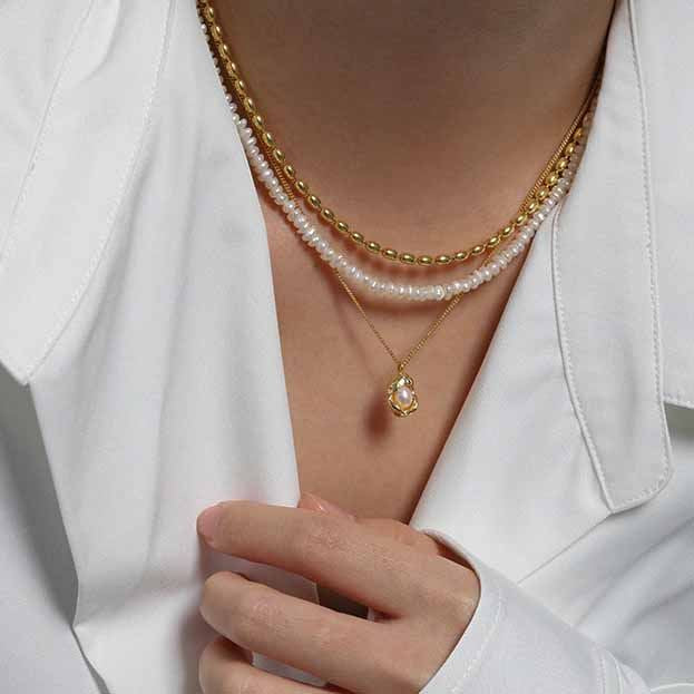 Lovcia Gold Shell Pearl Necklace 14.5mm Pendant 410mm Chain-Necklaces-Yellow Gold-Yellow Gold