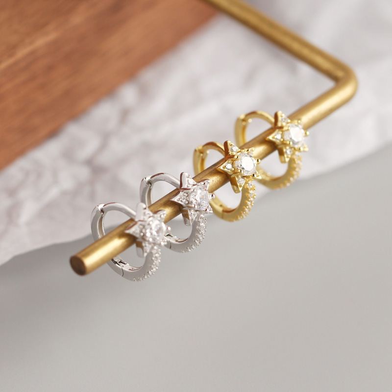 Lovcia Gold Star CZ Hoop Earrings 8mm 6.8mm 925 Silver-Earrings-Yellow Gold-Yellow Gold