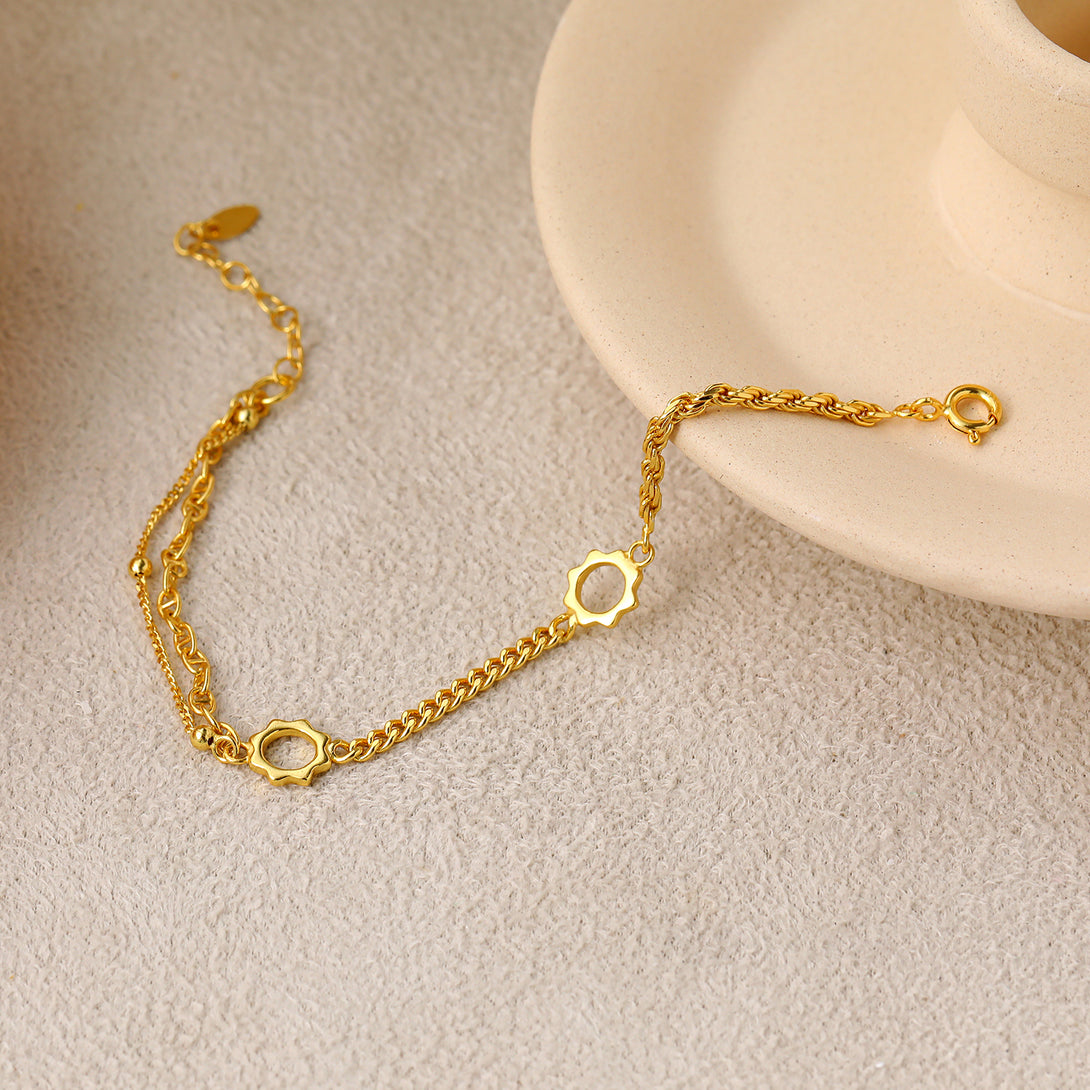 Lovcia Gold Sunflower Puffed Rope Bracelet 165mm Adjustable-Bracelets-Yellow Gold-Yellow Gold