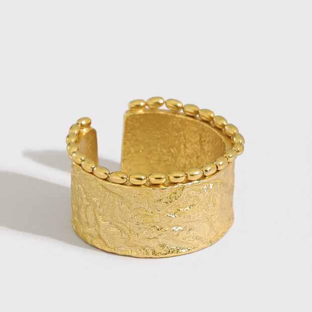 Lovcia Gold Textured 925 Silver Wide Adjustable Ring-Rings-Yellow Gold-Yellow Gold