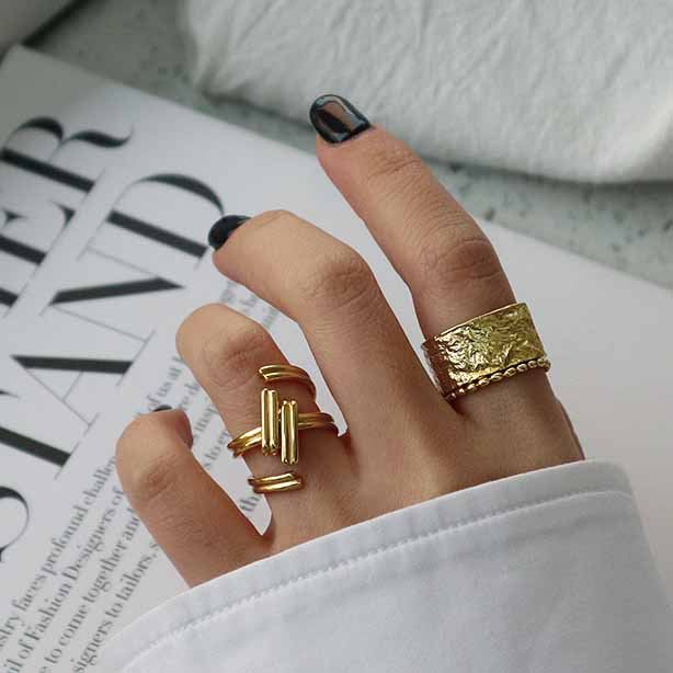 Lovcia Gold Textured 925 Silver Wide Adjustable Ring-Rings-Yellow Gold-Yellow Gold