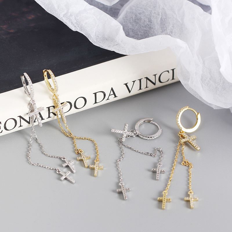 Lovcia Gold Tone 43mm Cross Tassel Hoop Earrings 925-Earrings-Yellow Gold-Yellow Gold
